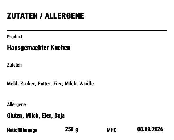 Vorschau von Allergen-/Zutatenlabel