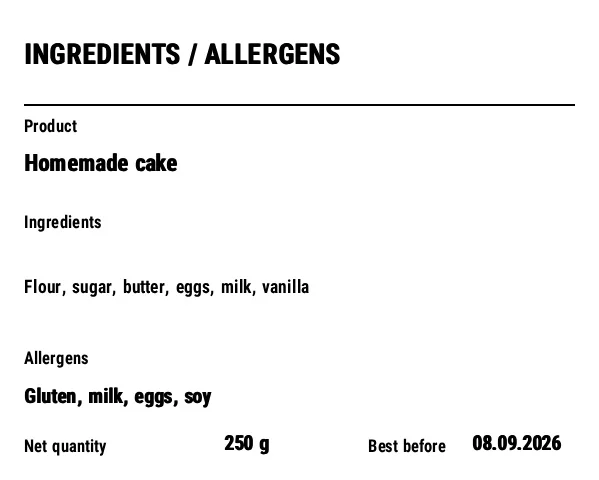 Preview of Allergen / Ingredient Label