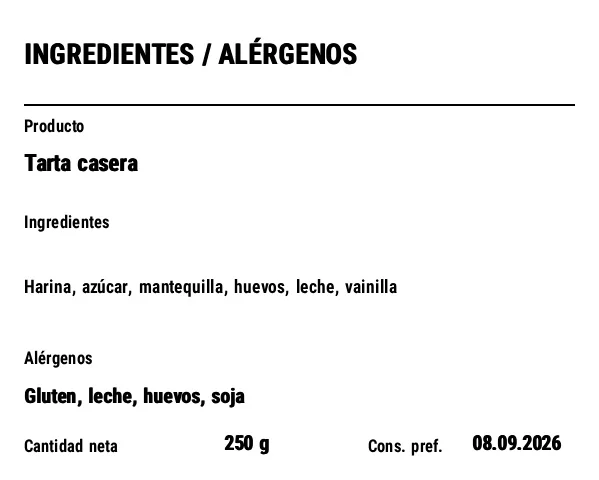Vista previa de Etiqueta de alérgenos e ingredientes