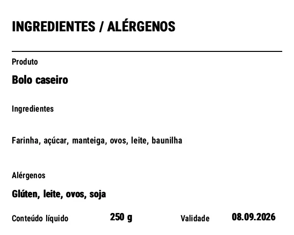 Prévia de Etiqueta de alérgenos/ingredientes