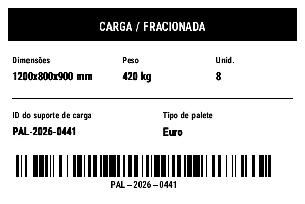 Prévia de Etiqueta de carga/dimensões