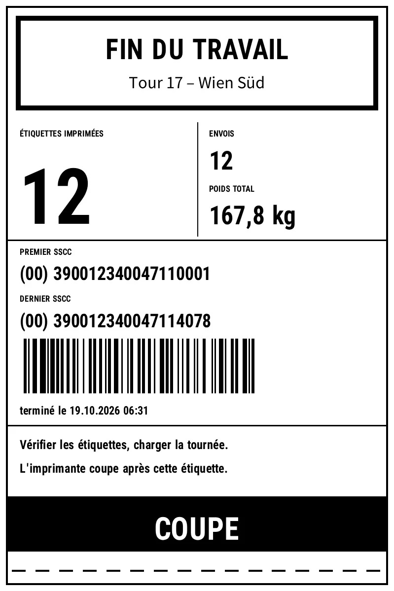 Aperçu de Logistique : étiquette de fin avec totaux et coupe