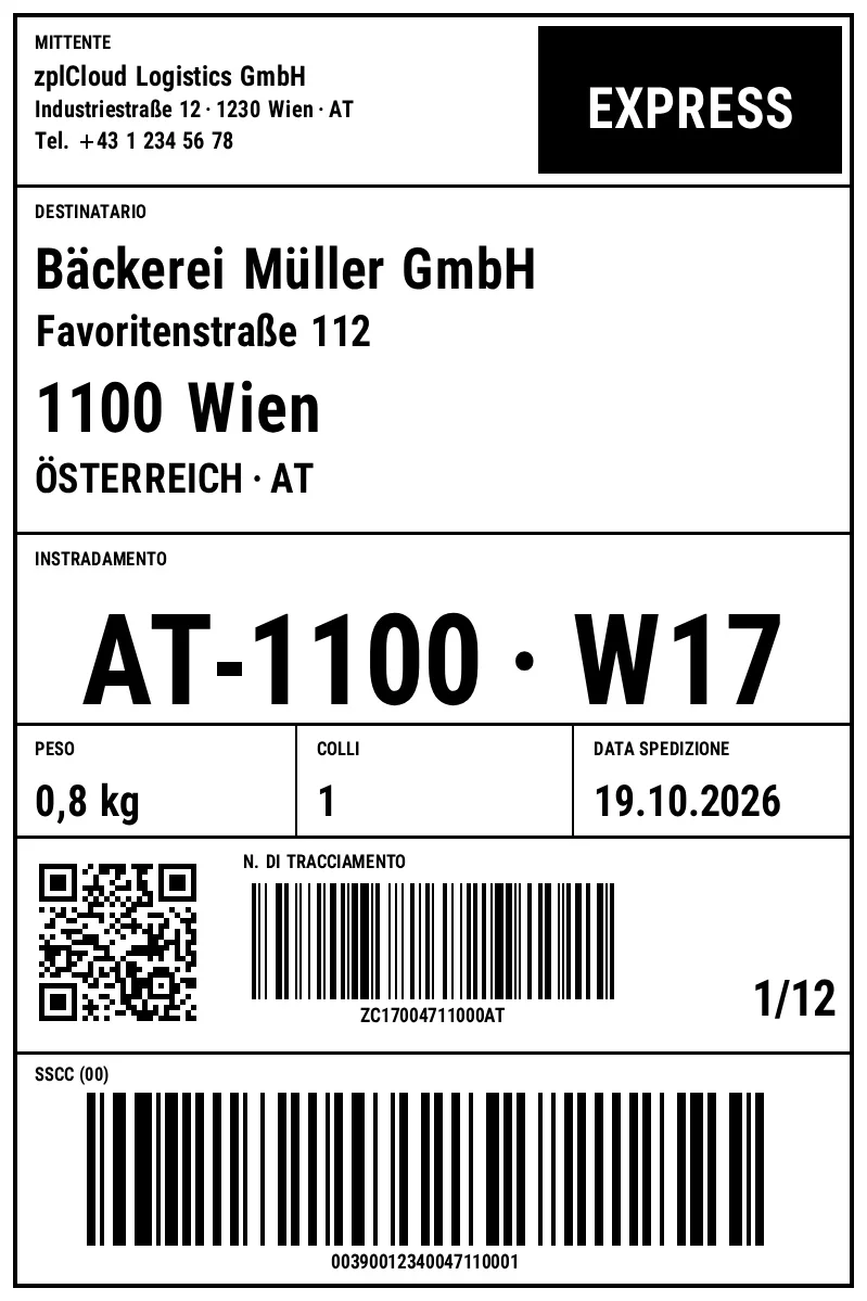Anteprima di Logistica: etichetta di spedizione 100 × 150 mm con SSCC GS1-128