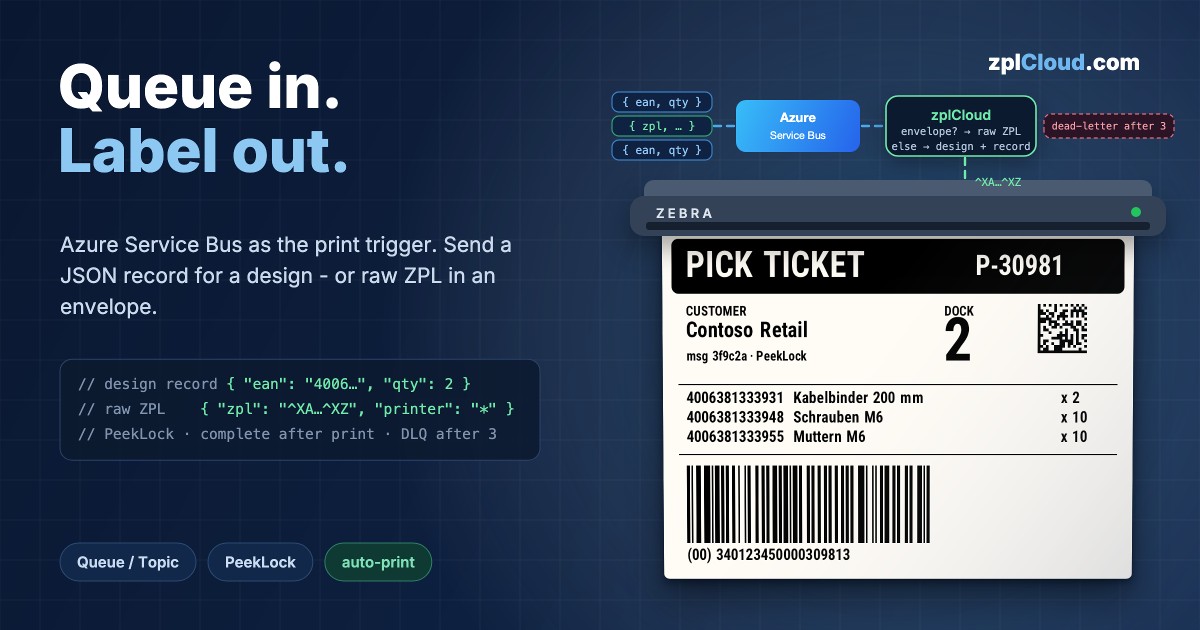Print Labels with zplCloud and Azure Service Bus - ZPL or with JSON Payloads