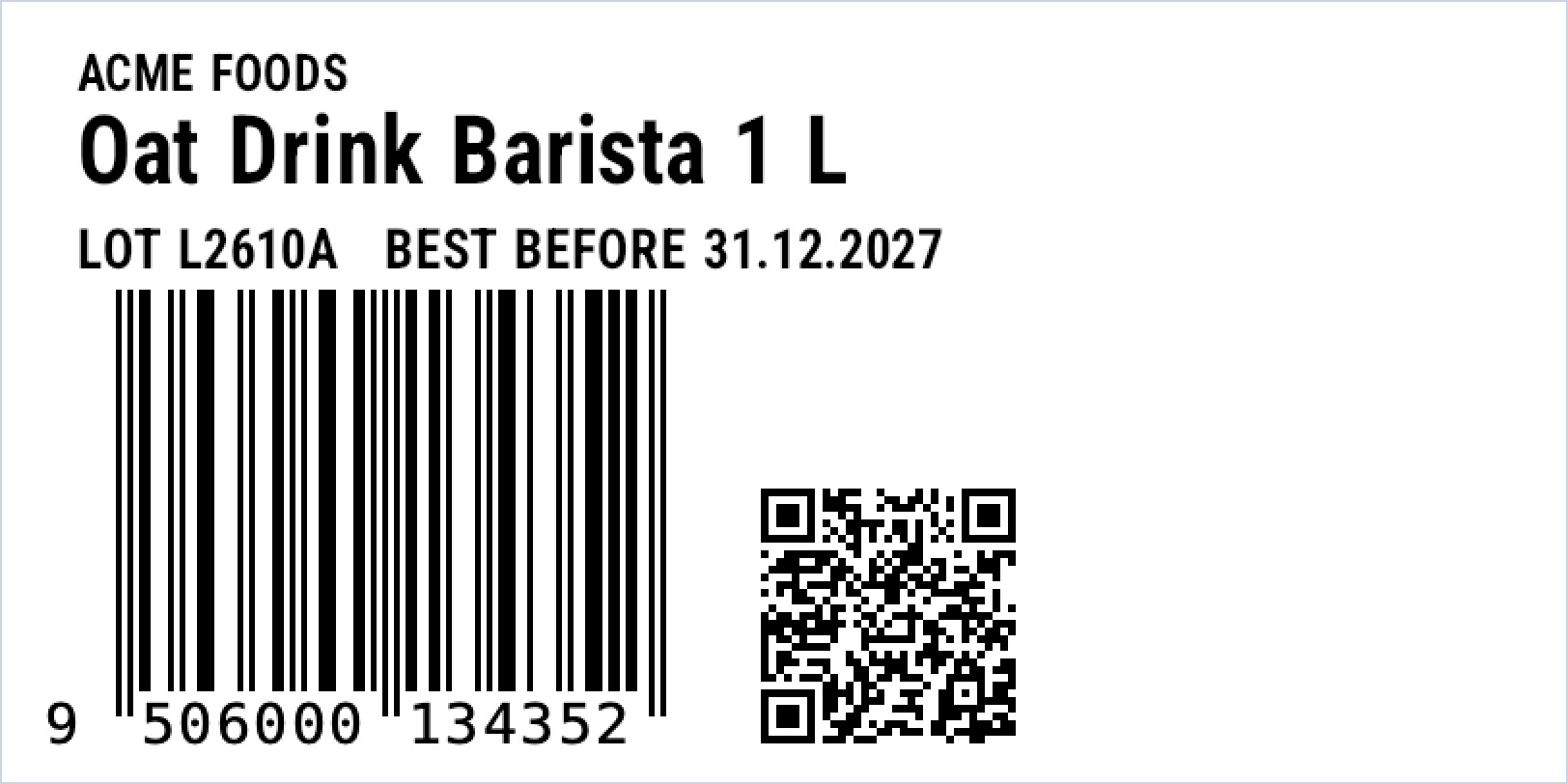 The same product label rendered by zplCore after the migration: the EAN-13 on the left unchanged, to its right a QR Code with the GS1 Digital Link URI https://example.com/01/09506000134352/10/L2610A?15=271231