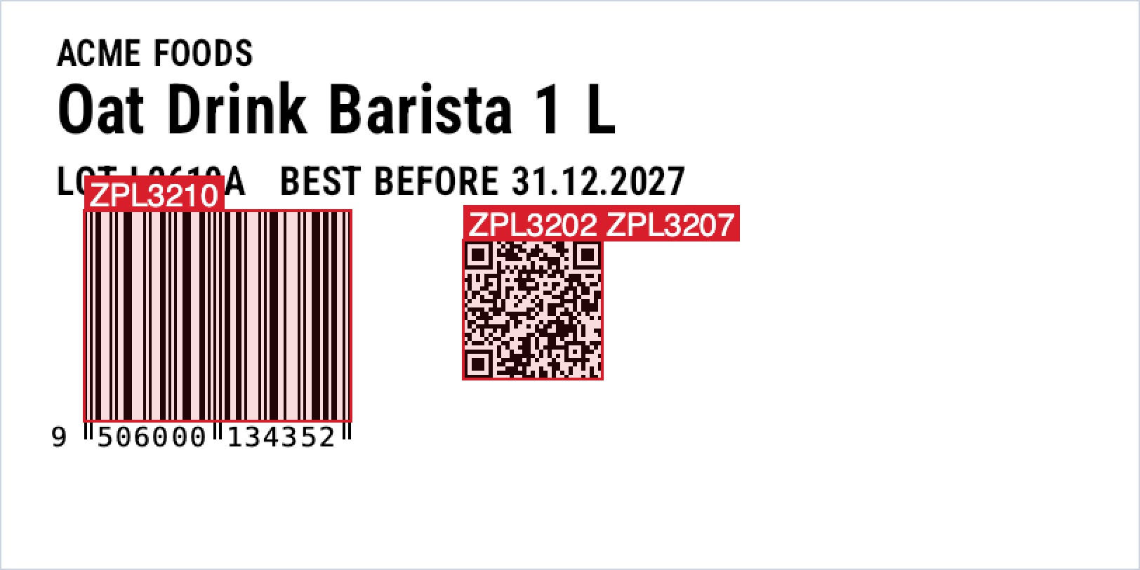 Label annotated by zplCore: the EAN-13 is marked with rule ZPL3210, the undersized QR Code with rules ZPL3202 and ZPL3207