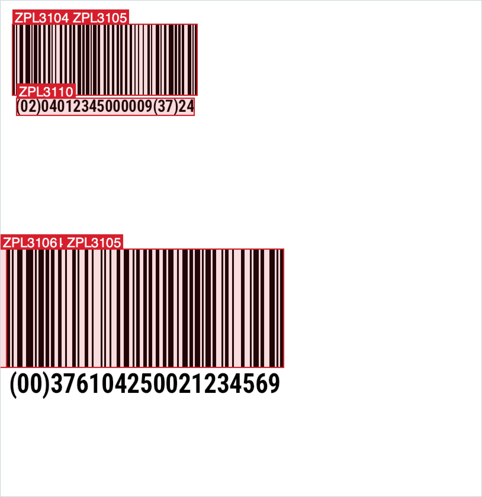 Lower half of an SSCC pallet label annotated by zplCore: both GS1-128 barcodes are marked in red with the rules ZPL3104, ZPL3105, ZPL3106 and ZPL3110
