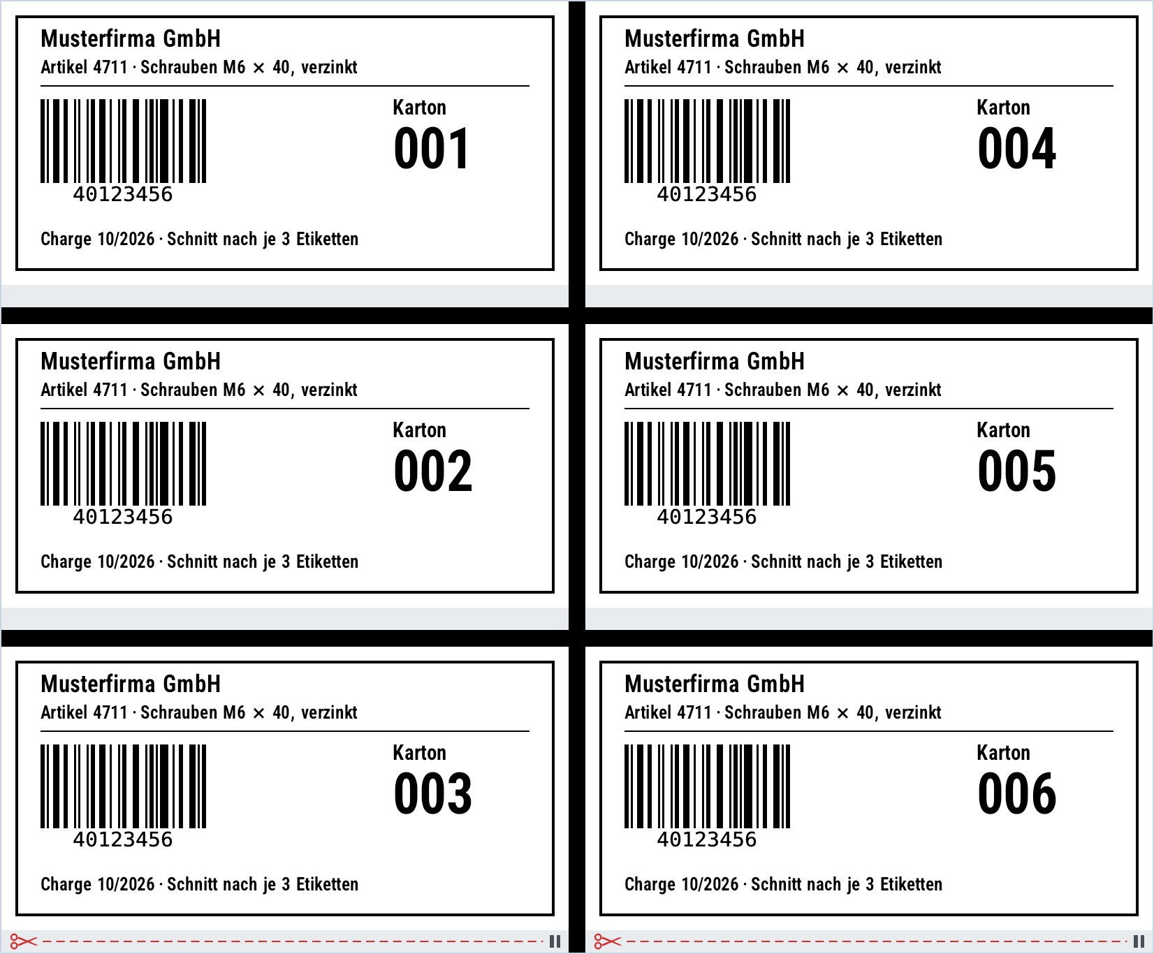 Six carton labels rendered by zplCore in two columns; below labels 3 and 6 a red dashed cut line with scissors and pause symbol