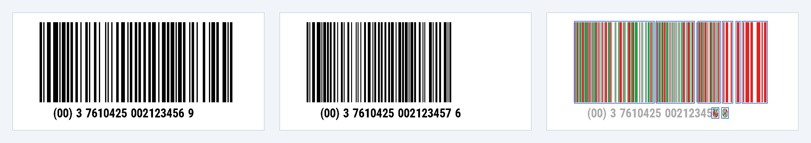 SSCC barcode of a pallet label three times: before the change, after the change with narrower bars and a different SSCC, and as a red and green diff image