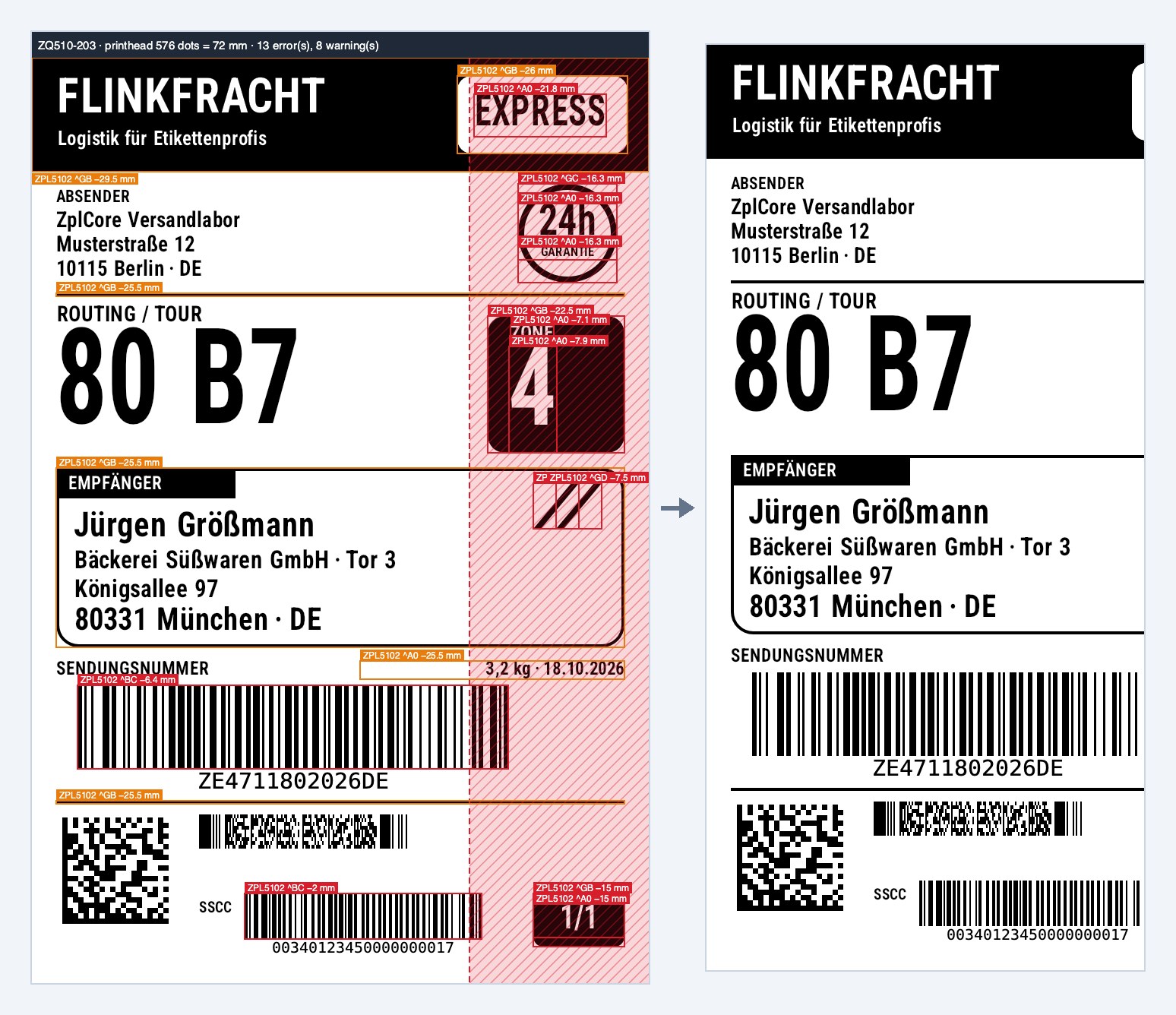 The same 4 × 6 inch shipping label twice: on the left annotated by zplCore for a ZQ510 with a 72 mm printhead, the right part hatched red; on the right the output as the ZQ510 would print it, cut off at 72 mm