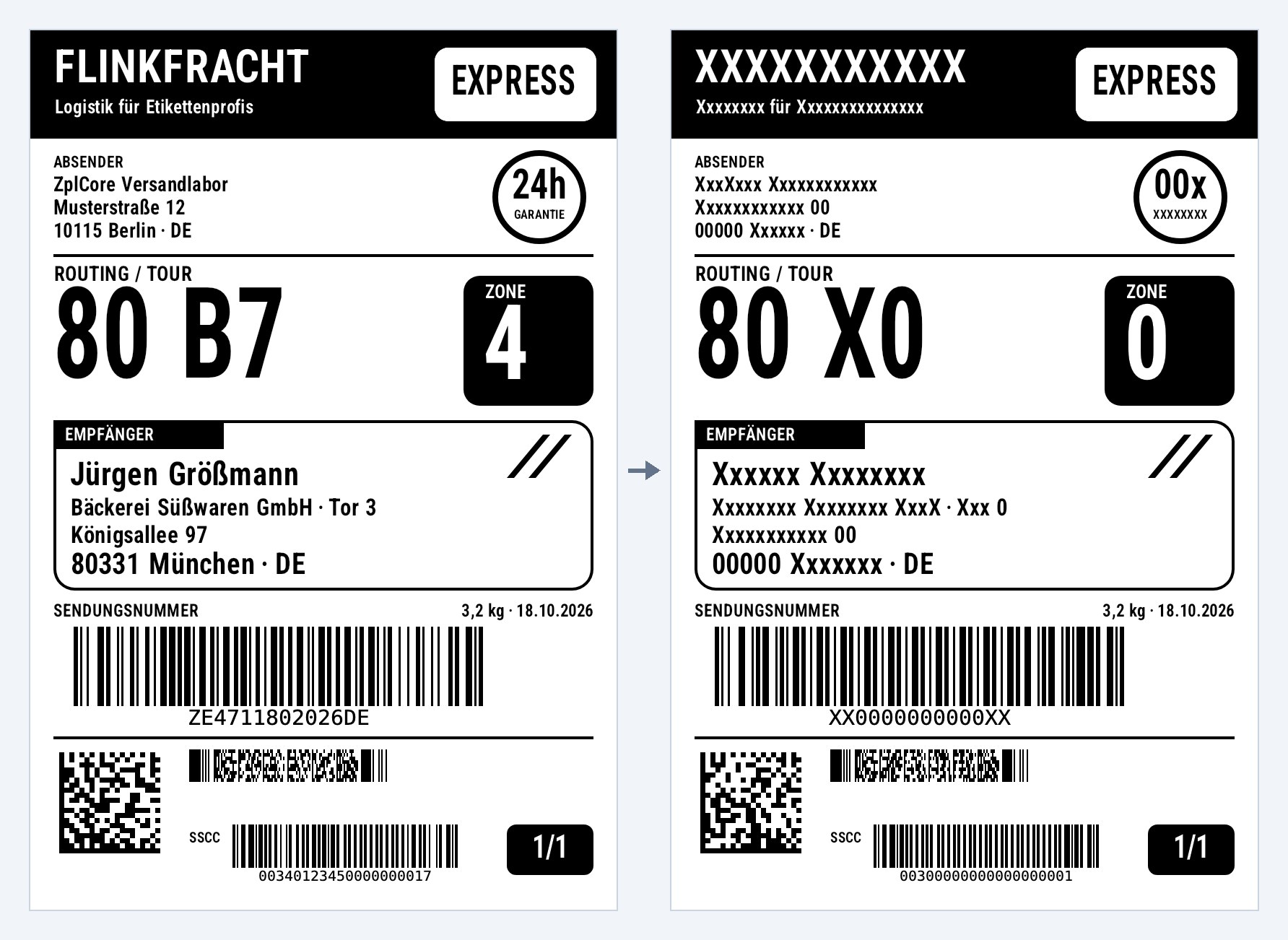 Two shipping labels rendered by zplCore: on the left the original with sender, recipient, tracking number and 2D barcodes, on the right the redacted version with names, addresses, tracking number and barcode contents replaced by placeholders in the same layout