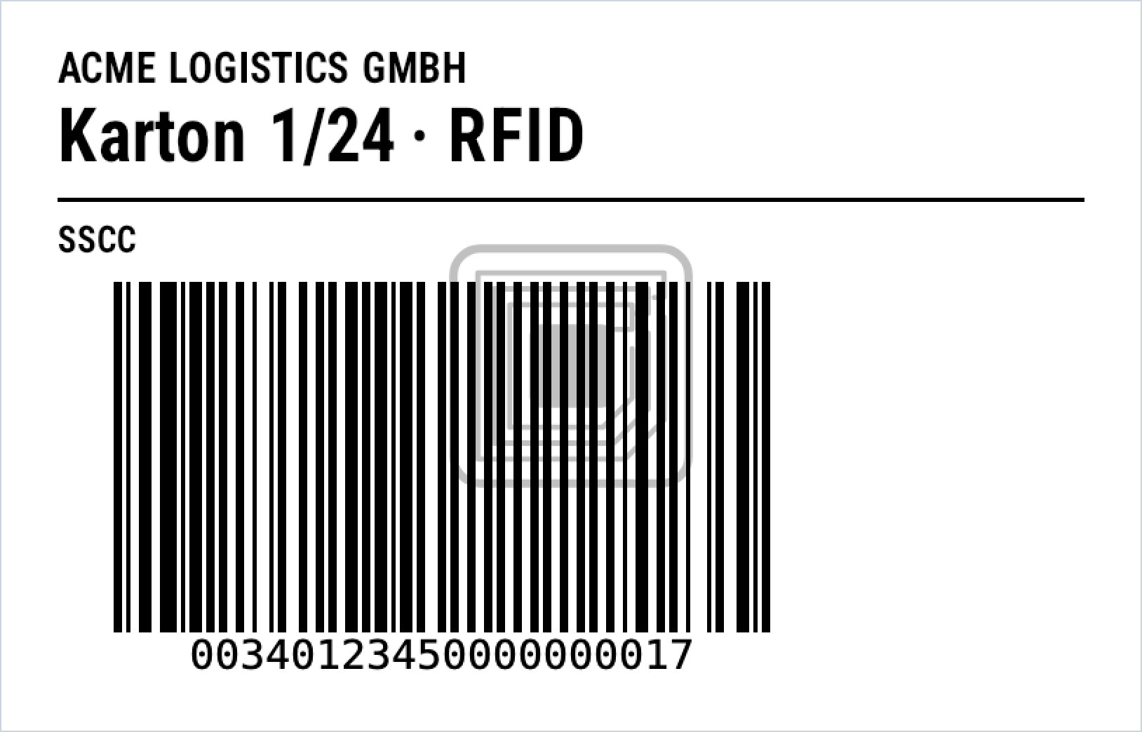 Carton label rendered by zplCore with a GS1-128 SSCC barcode and the grey RFID symbol that previews show for labels with an RFID write command