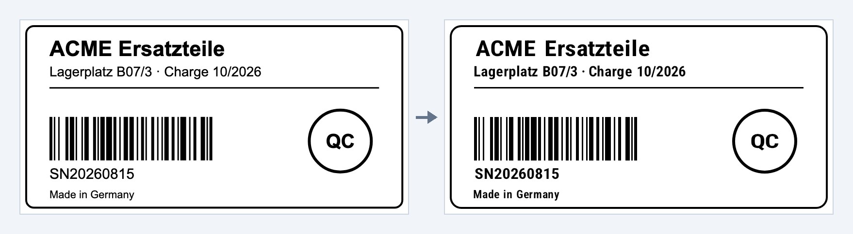 On the left an SVG label with heading, storage location, line, Code 128, serial number and QC stamp; on the right the same label rendered from native ZPL with text in font 0, a Code 128 as ^BC and frame, line and circle as ZPL shapes