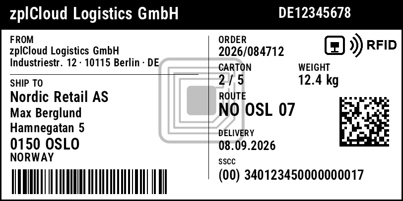 GS1 shipping label with RFID · 102 × 51 mm · 203 dpi