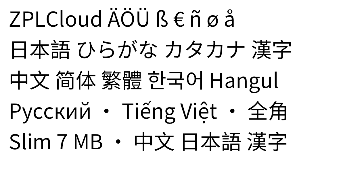 Label rendered with the ZPLCloud font: Latin-1, Japanese, Chinese, Korean, Russian and Vietnamese text